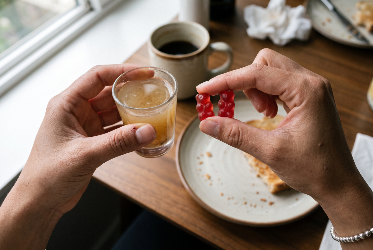 Eine Hand hält ein Schnapsglas mit trübem Apfelessig, die andere zwei Gummibärchen — beide auf Augenhöhe